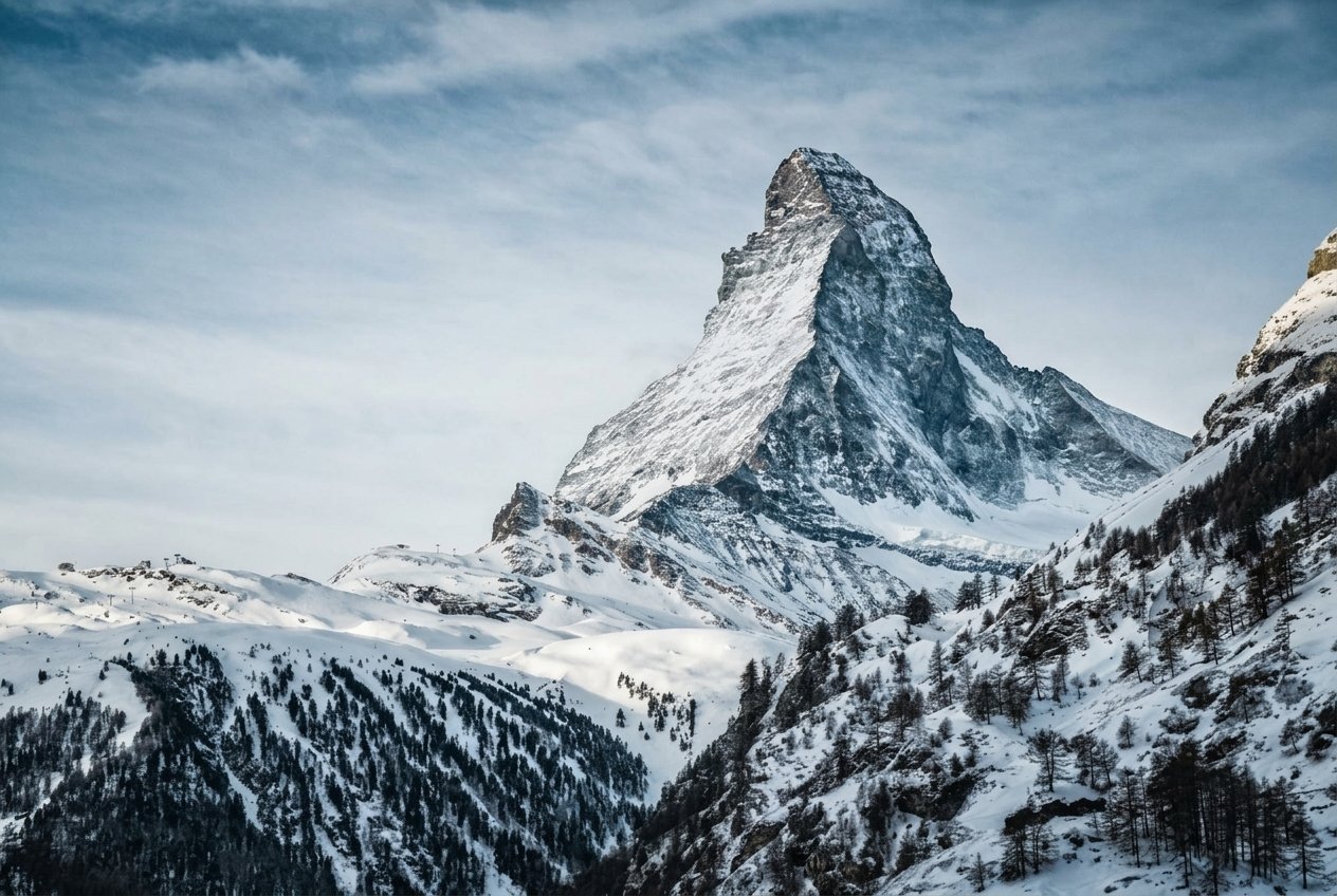 Matterhorn peak in the Swiss Alps in winter